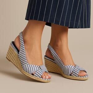 Ralph Lauren Cassara Seersucker Stripe Espadrille Slingback Wedges Preppy, Sz 10